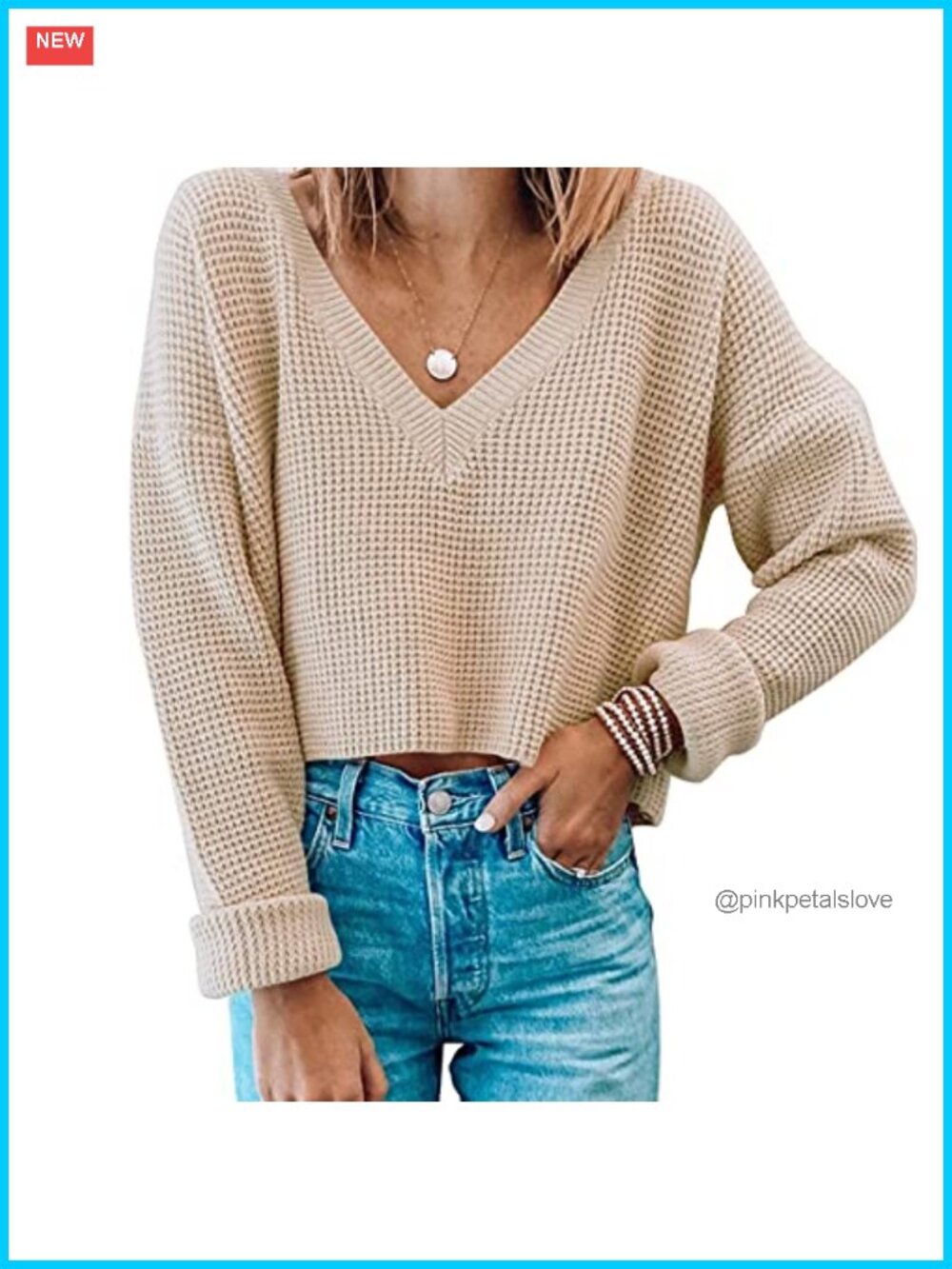 Waffle Knit Crop V Neck Long Sleeve Pullover Sweater